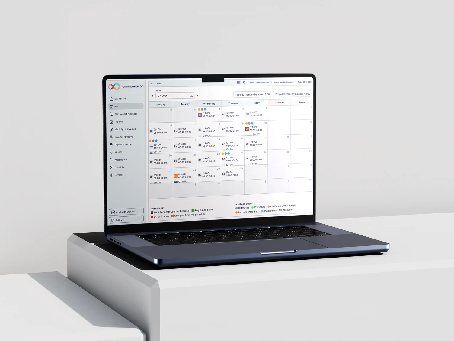 Cairful & Geocon shift planning interface shown on a laptop