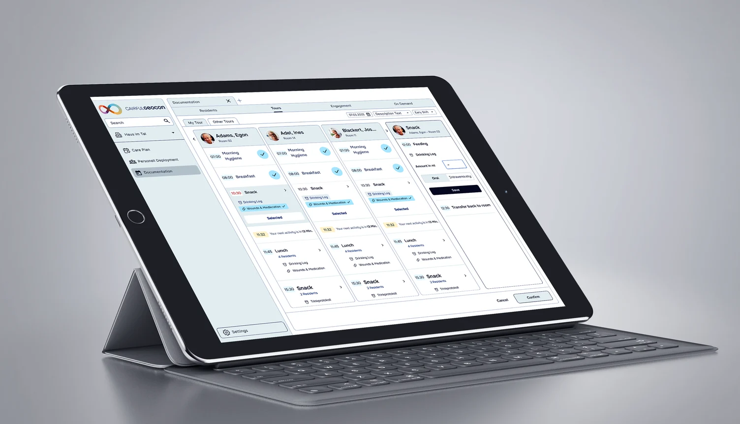Tour documentation on a tablet, showing residents in parallel columns with times and tasks