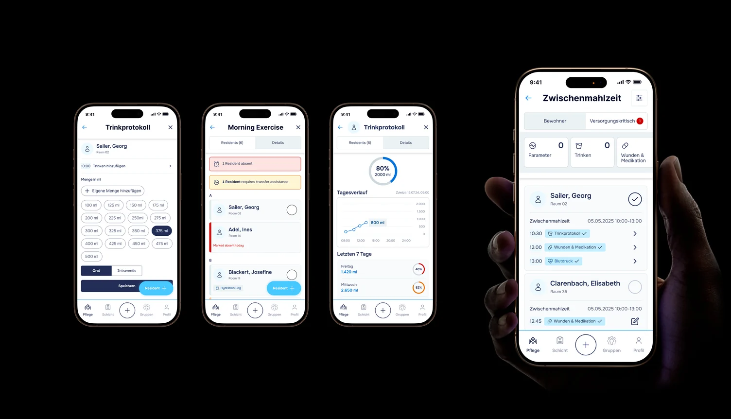 Four phone screens showing drinking log entry, a group activity with resident states, and hydration progress over seven days
