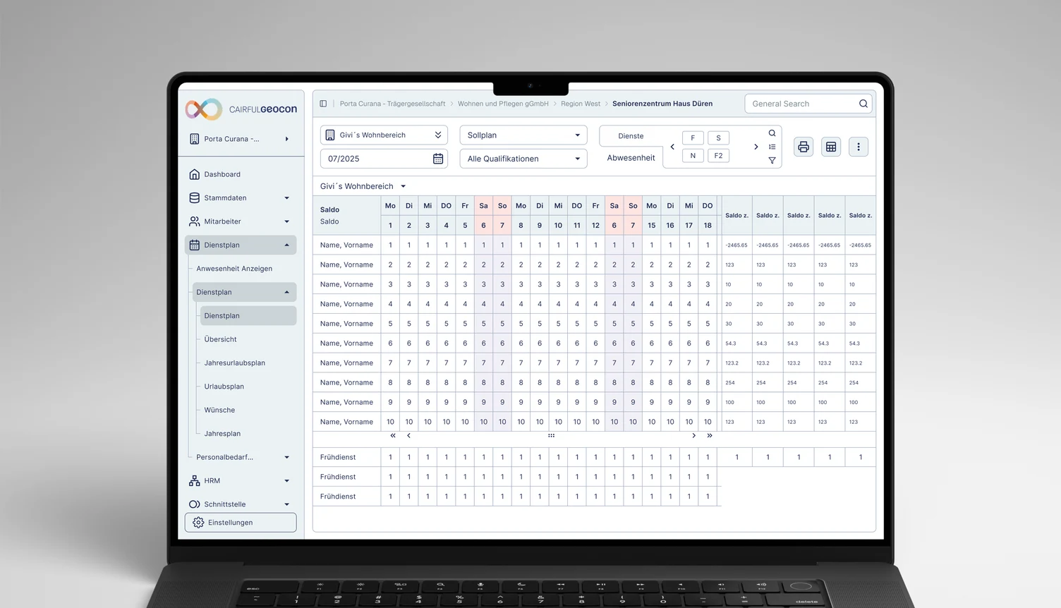 Monthly duty roster grid showing staff rows, days as columns and running balances