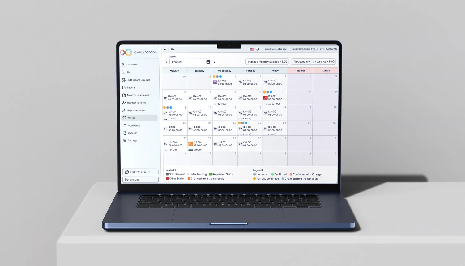 Personal shift calendar showing a month of shifts with a colour-coded legend for request states