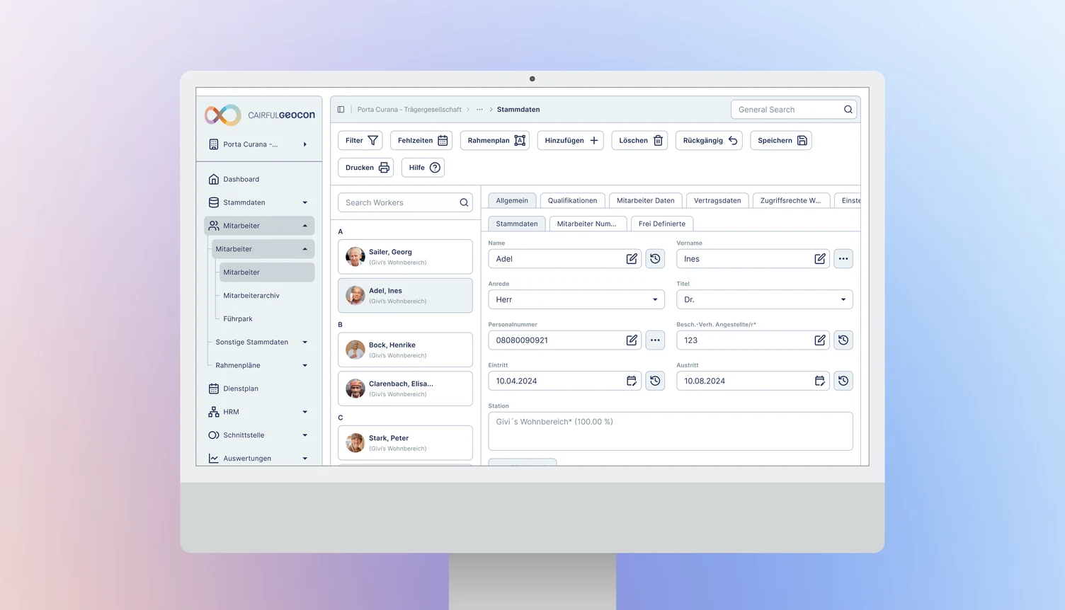 Employee master data screen with tabbed sections, search list and per-field edit and history controls