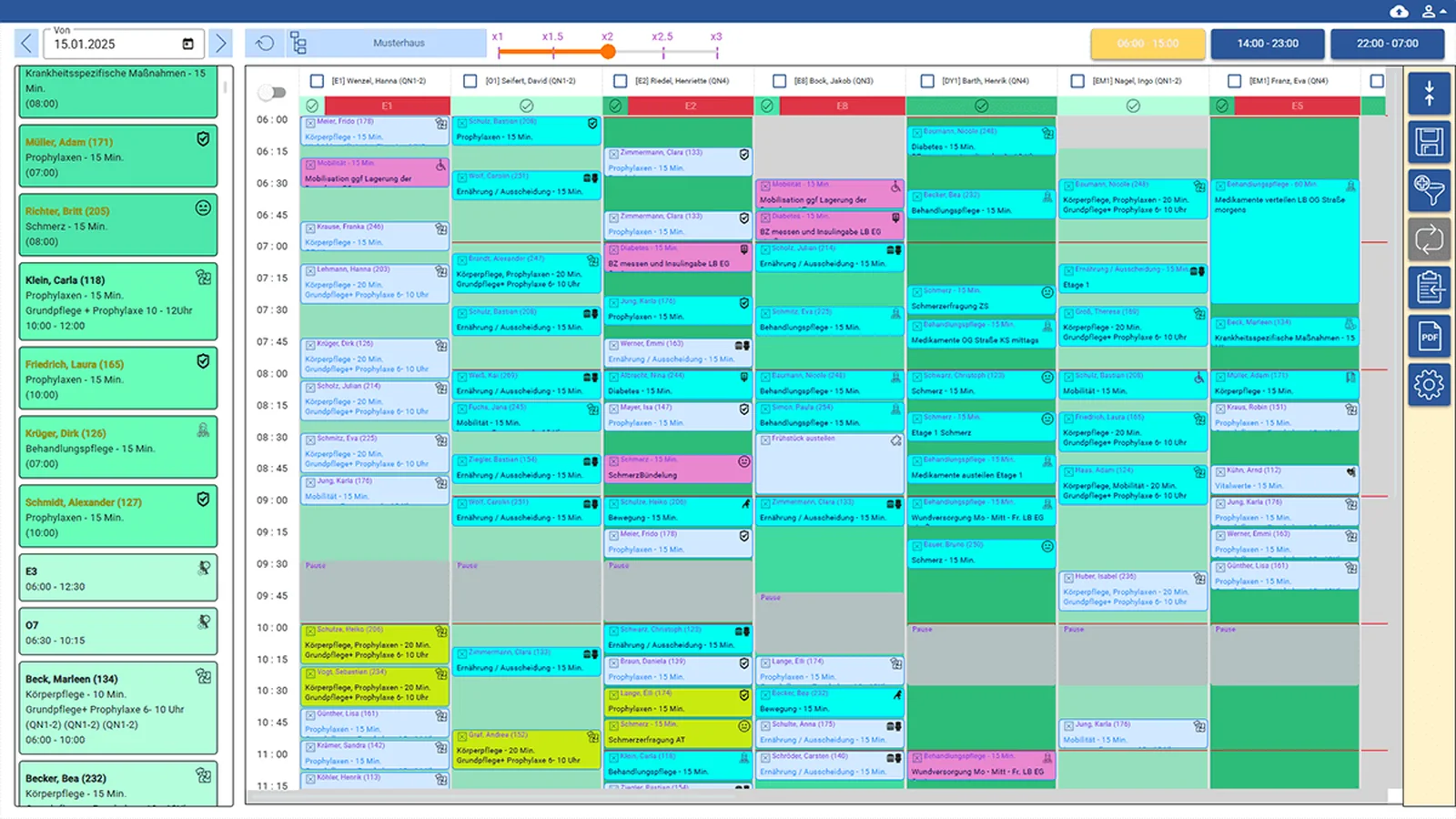 Legacy tour planning board: saturated colour blocks and full sentences filling every quarter-hour cell