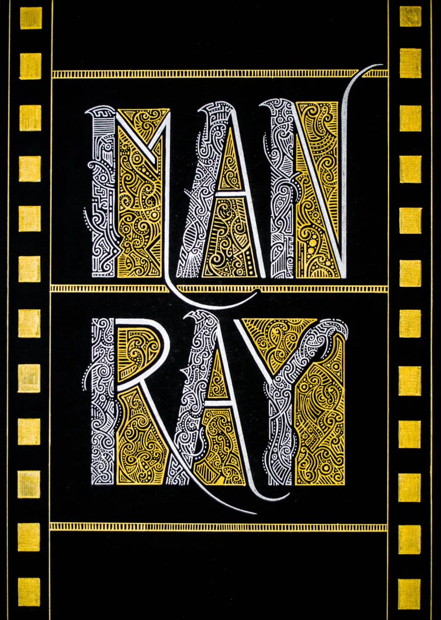 “Man Ray” in tall ornamented silver capitals, set inside a golden film-strip frame on black paper.
