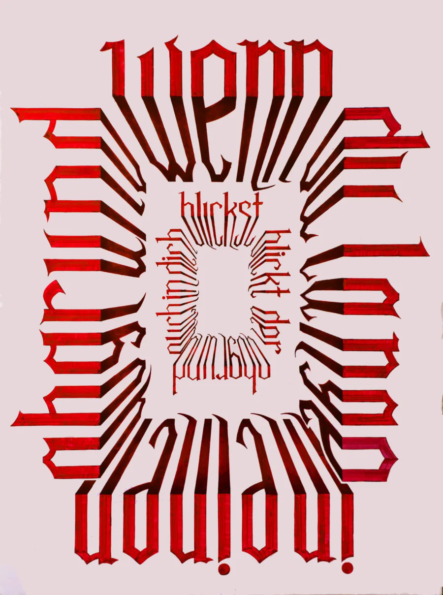 A line from Nietzsche in red blackletter, the words radiating outward from an empty centre.