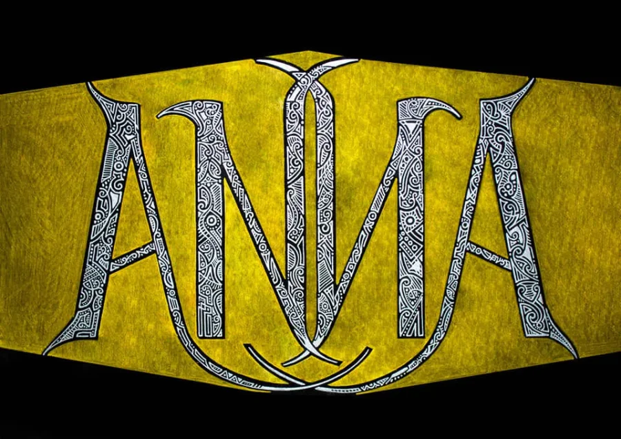 “Anna” as mirrored, interlocking capitals filled with pattern, in silver on a golden band, on black paper.