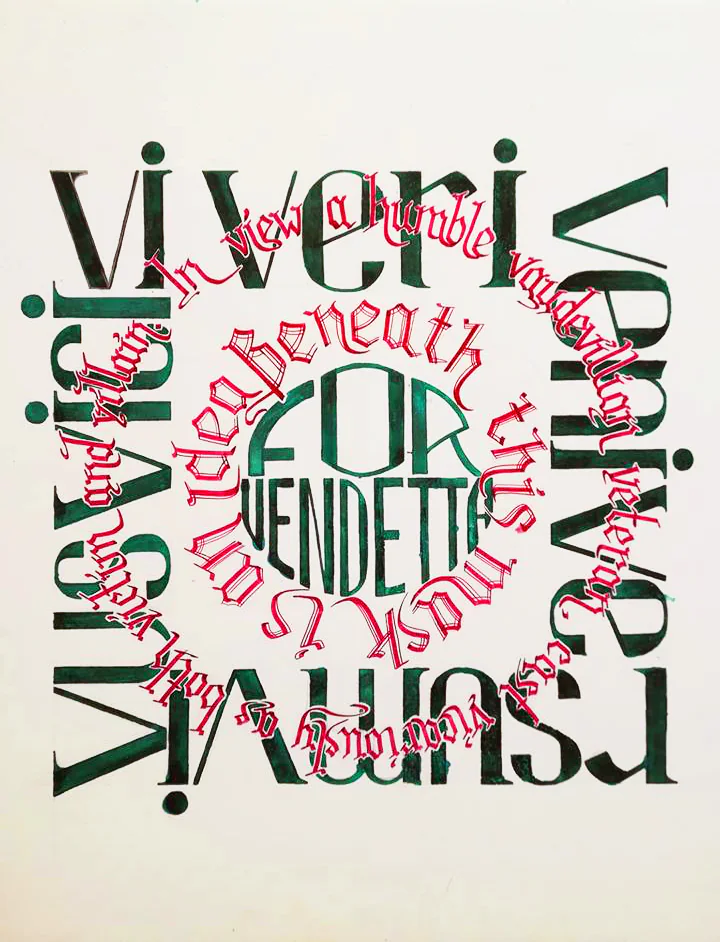 The Latin motto in green capitals around the edge, with lines from V for Vendetta in red blackletter spiralling to the centre.