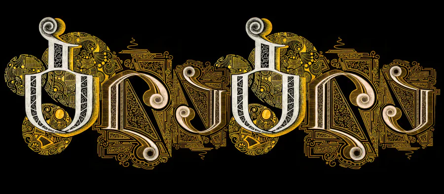 A wide band of ornamented Georgian letters in silver, set in dense golden ornament on black paper.