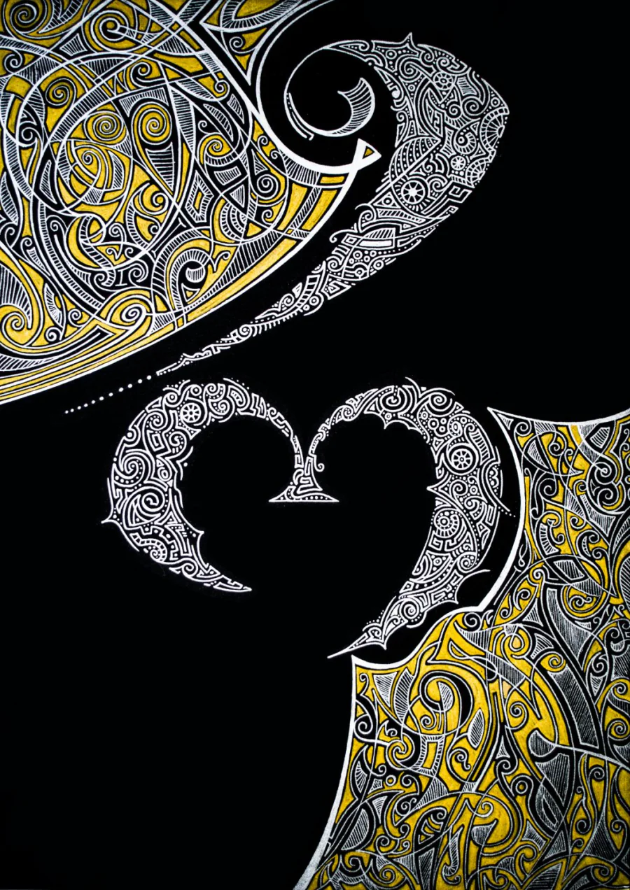 The Georgian letter R drawn as silver line ornament, between two fields of golden and silver pattern, on black paper.