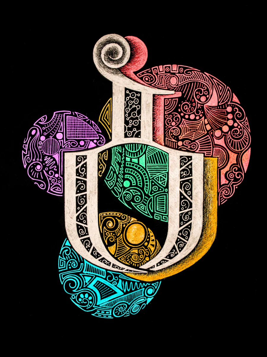 The Georgian letter B in silver, with circles of pink, violet, green, golden and turquoise pattern behind it, on black paper.