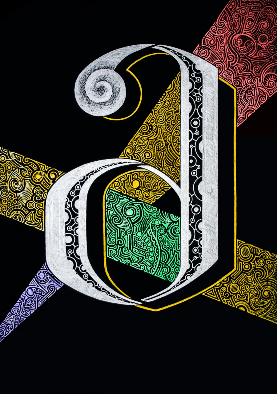 The Georgian letter M in silver crossed by bands of golden, green, red and violet pattern, on black paper.