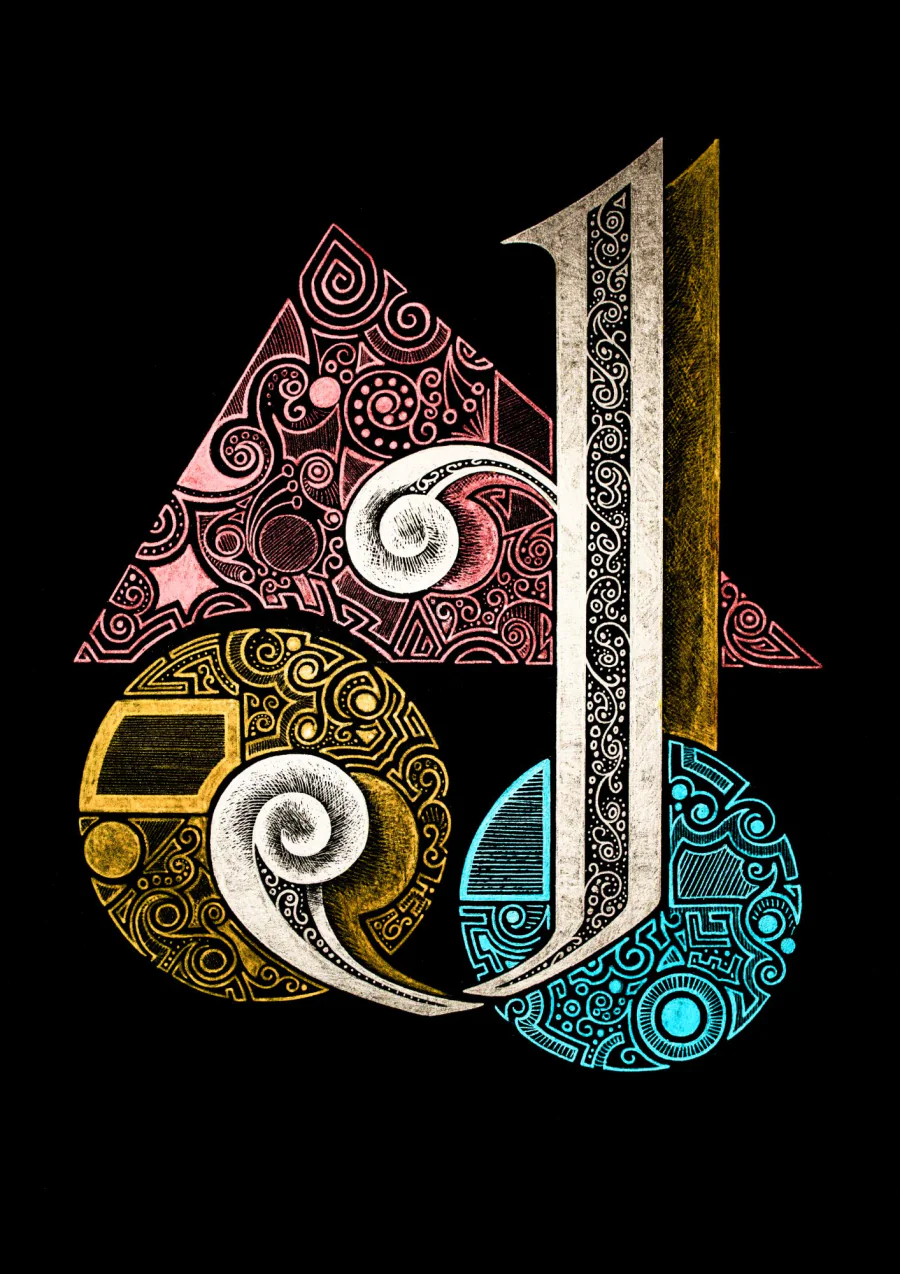 The Georgian letter Q in silver over a pink triangle and golden and turquoise circles of pattern, on black paper.
