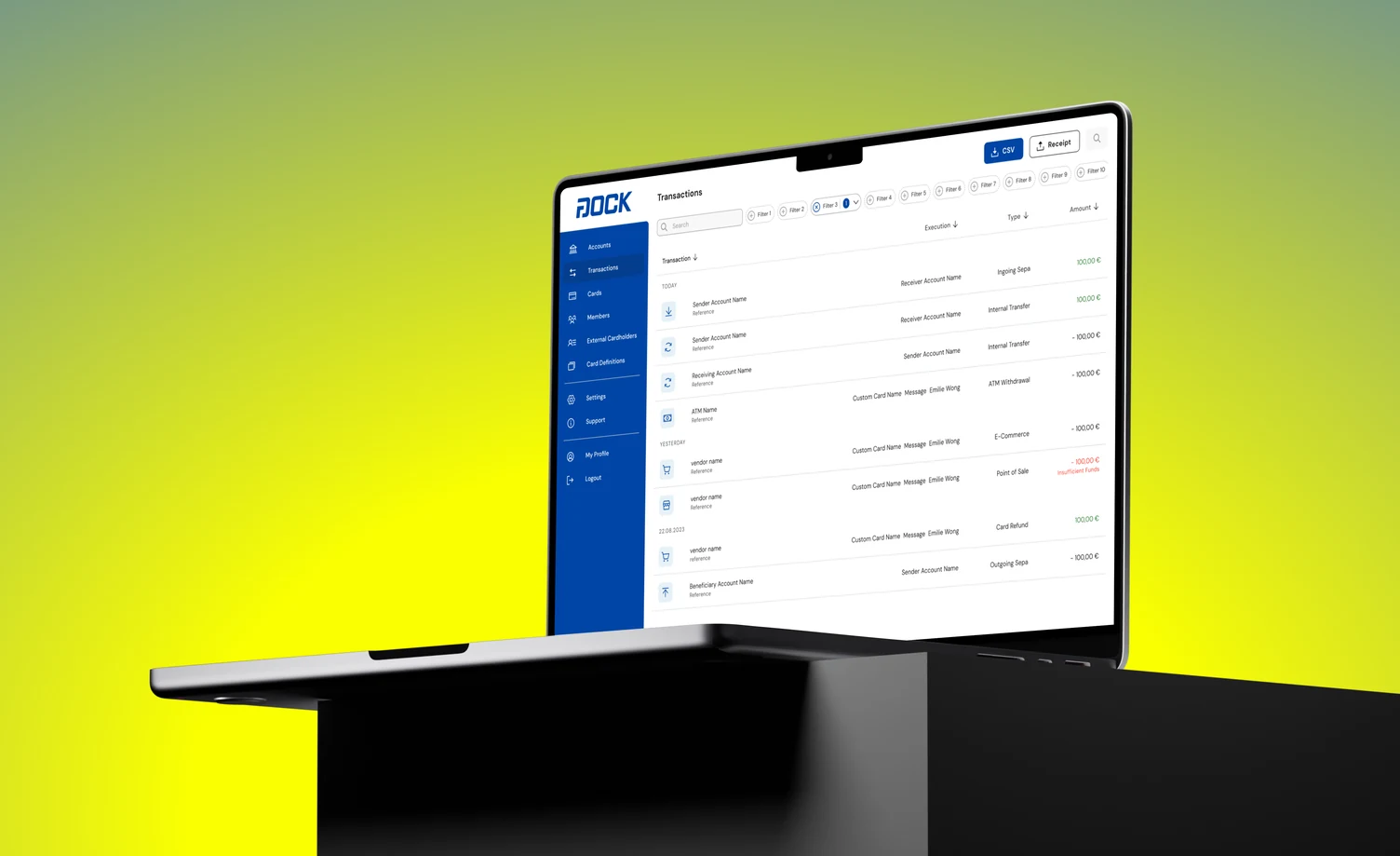 Dock Financial transactions interface shown on a laptop
