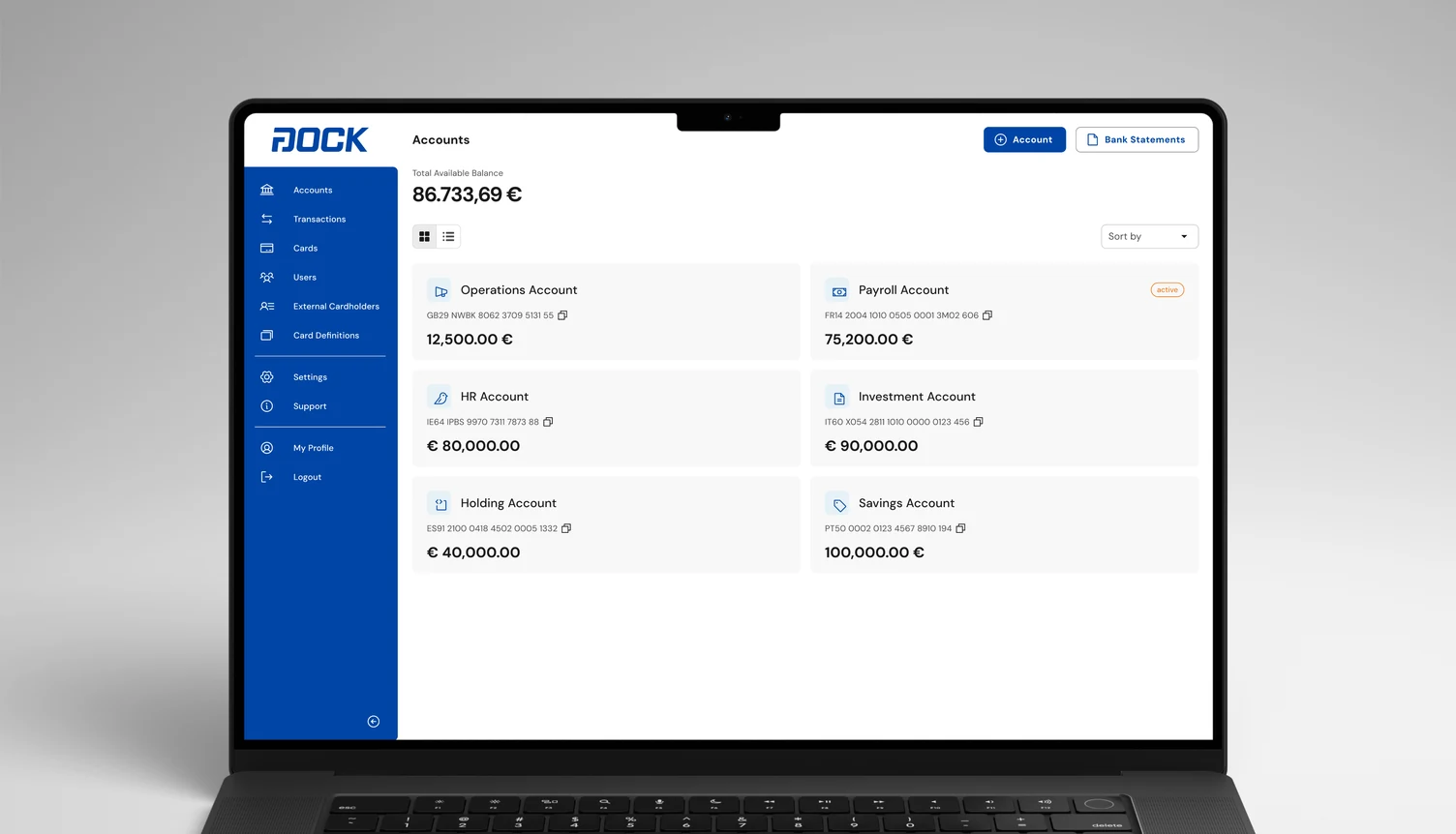 Accounts overview showing operations, payroll, HR, investment, holding and savings accounts with balances and IBANs