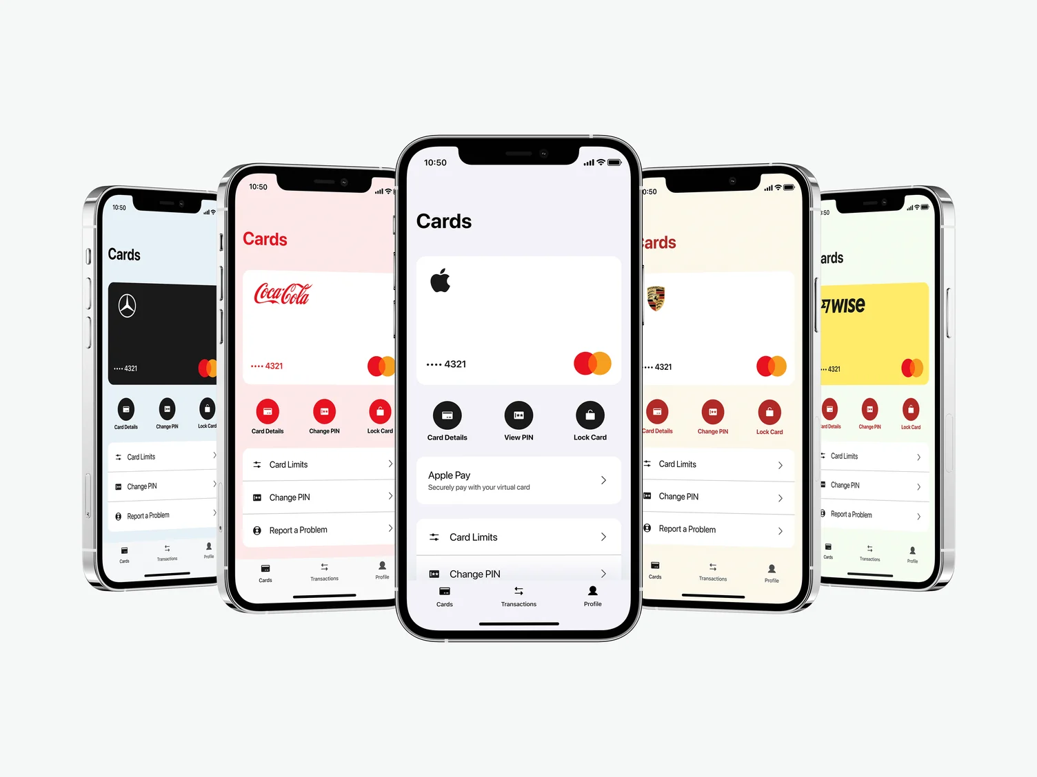 The same mobile Cards screen rendered under five different brand identities