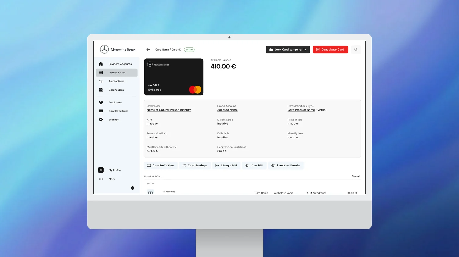 White-label card management console rendered in a customer brand identity
