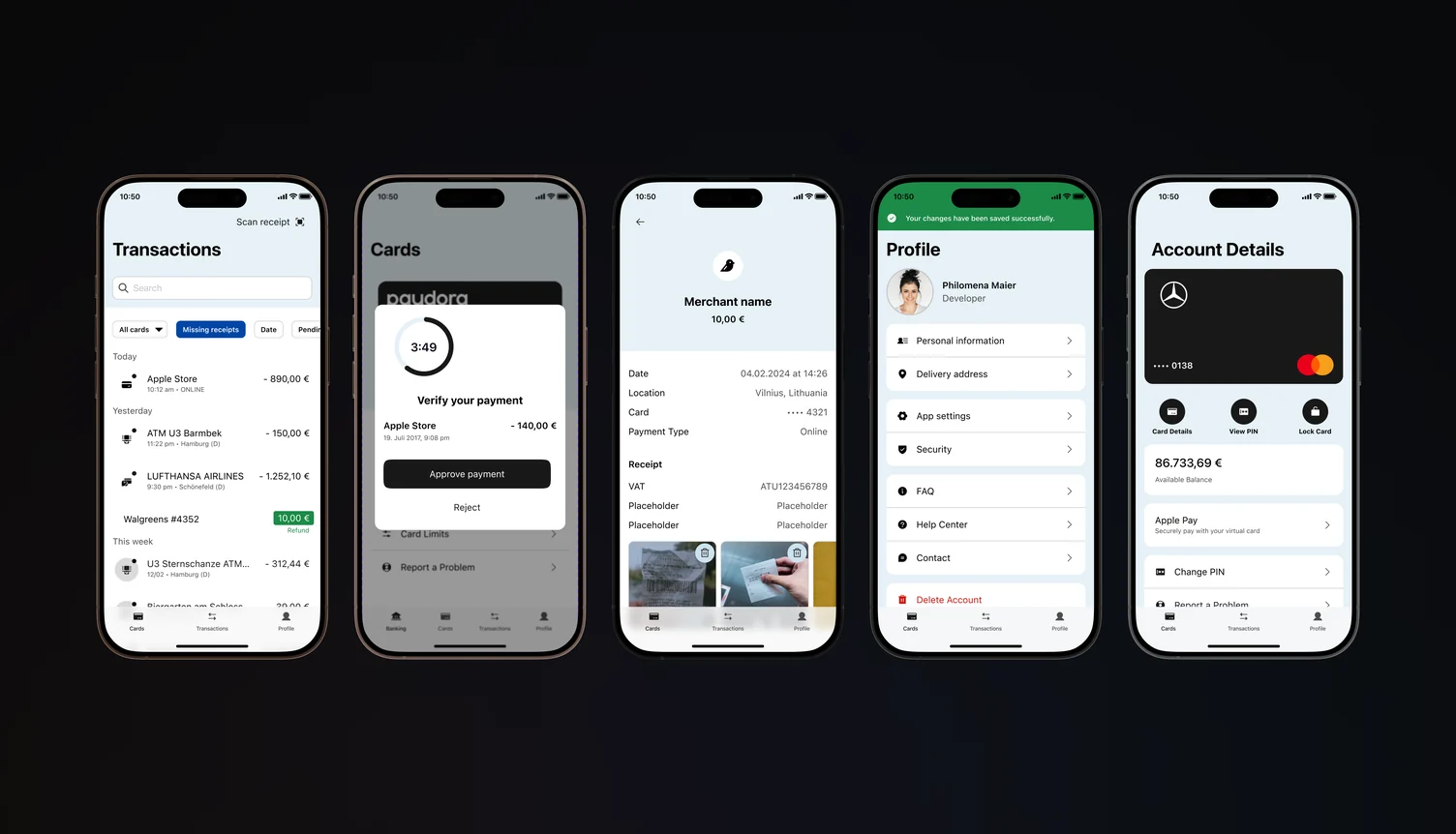 Mobile app screens for transactions, payment approval with a countdown, receipt detail, profile and account details