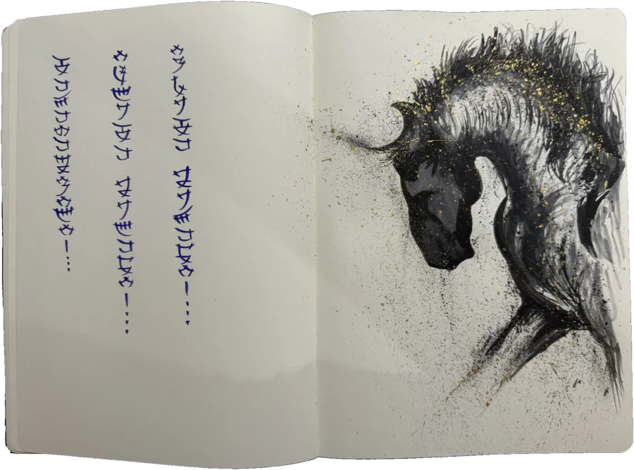 Notebook spread: vertical lines of blue lettering on the left page, and a horse’s bowed head and neck in black ink with golden ink spatter on the right.