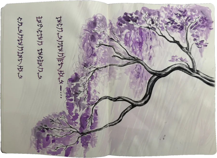 Notebook spread: vertical lines of violet lettering on the left, and a lilac with black branches and violet blossom reaching across both pages.