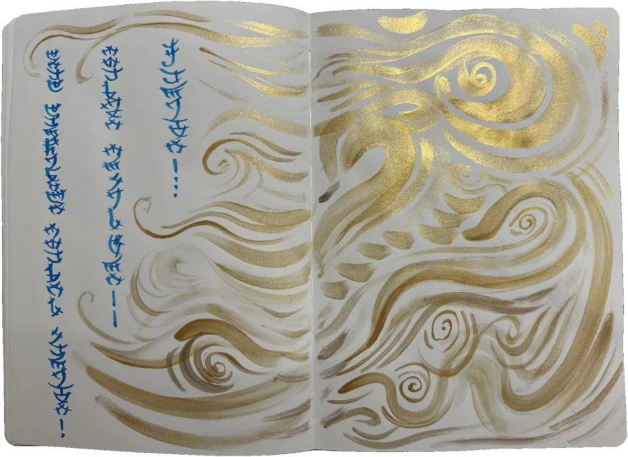 Notebook spread: vertical lines of blue lettering on the left, with golden brush strokes curling like wind across both pages.