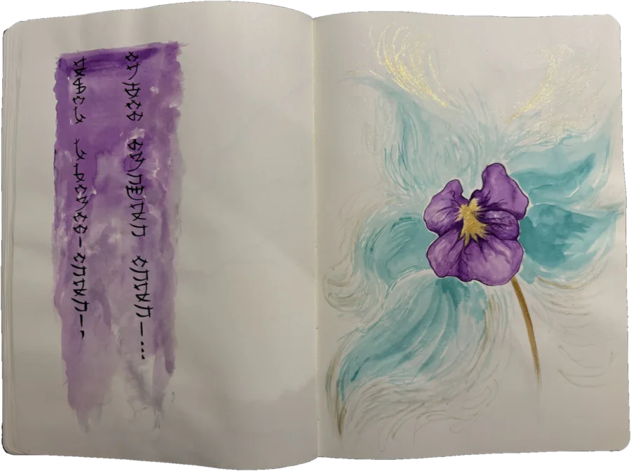 Notebook spread: black lettering on a violet wash on the left page, and a viola with a golden centre among turquoise and golden strokes on the right.