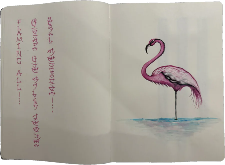Notebook spread: vertical lines of pink lettering on the left page, and a flamingo standing on one leg in shallow blue water on the right.
