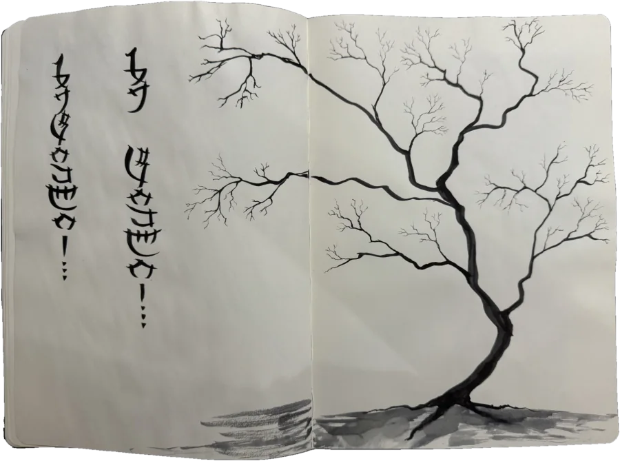 Notebook spread: two vertical lines of black lettering on the left, and a bare tree in black ink leaning across both pages.