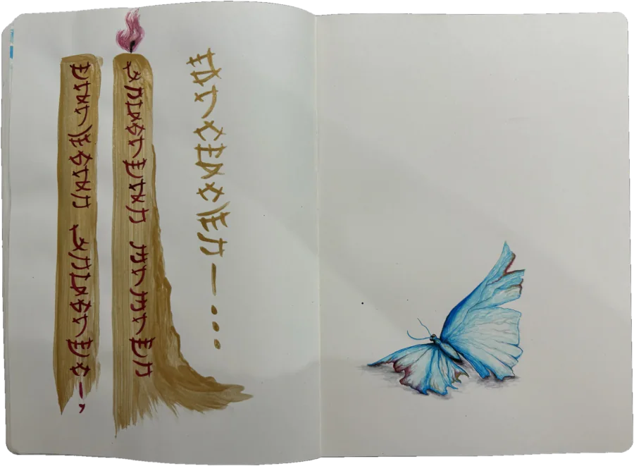 Notebook spread: red lettering on two strokes of golden ink, one of them topped with a flame, on the left page; a blue butterfly with torn wing edges on the right.