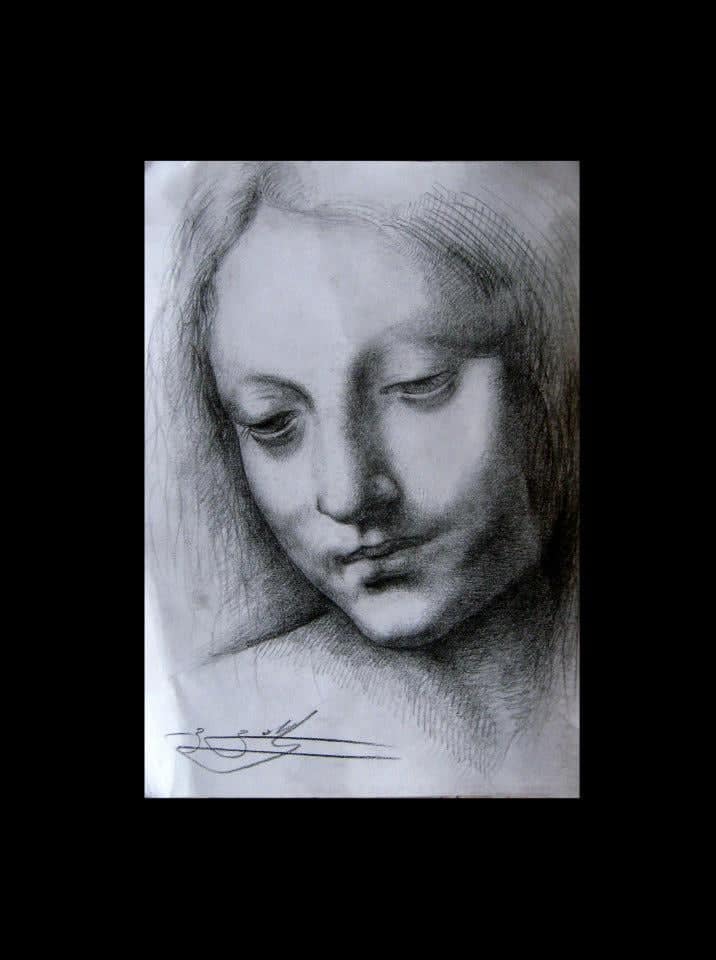 Pencil drawing of a woman’s head, turned down and to one side, signed at the lower left.