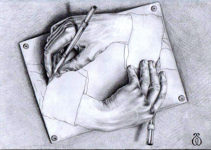 Pencil drawing of two hands, each drawing the cuff of the other, on a sheet pinned at its corners.