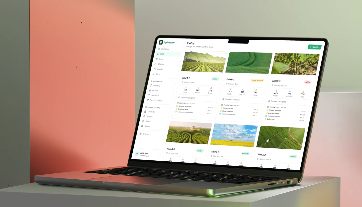 FarmAct field operations dashboard shown on a laptop