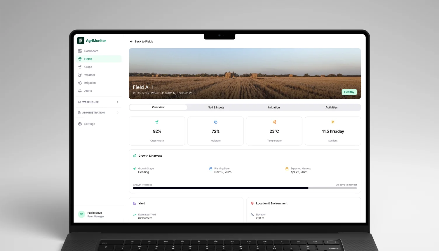 Single field detail showing crop health, moisture, temperature, sunlight, growth stage, planting and harvest dates and yield estimate